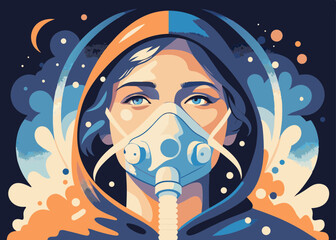 Woman in respirator, modern illustration, blue and orange tones, for health awareness campaigns