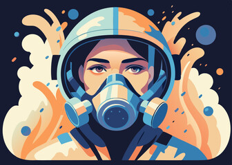 Woman in respirator, stylized illustration, warm colors, for safety awareness campaigns