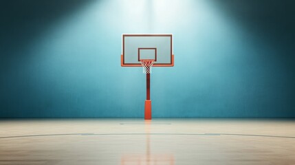 Indoor basketball court spotlight illuminating hoop, glossy reflective floor, shadows stretching, atmosphere of anticipation for the game to begin
