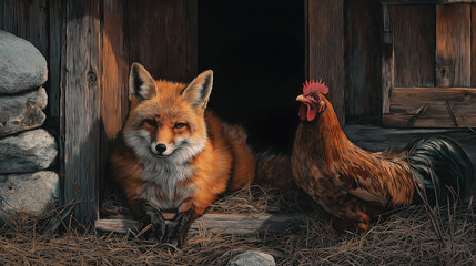 A red fox lounges inside a rustic wooden coop doorway beside a rooster - Generative AI