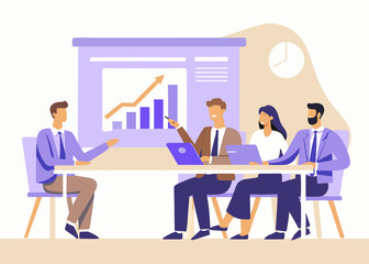 Business Meeting Illustration with Graph Presentation and Diverse Team Discussing Strategy and Growth in a Modern Office Setting Flat Vector