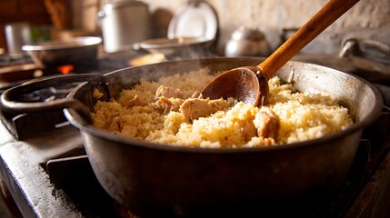Scene of the final stage of 'Arroz com Pollo' preparation in a traditional 'caldero' (cast aluminum pot) on the stove.