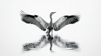Obraz premium Monochrome Majesty: Great Blue Heron Embracing the Sky with Open Wings Reflecting in Water
