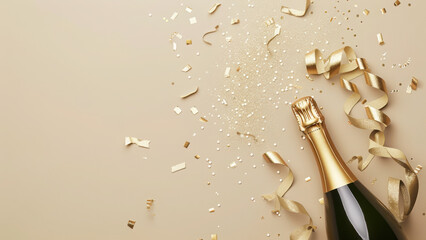 Champagne bottle with gold ribbon and confetti celebration background