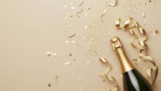 Champagne bottle with gold ribbon and confetti celebration background
