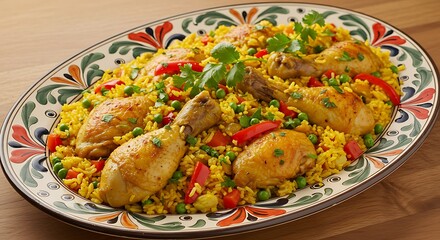 Fototapeta premium A large, colorful ceramic platter filled with vibrant 'Arroz com Pollo'. The yellow rice, pieces of golden chicken, red bell pepper, and green peas are clearly visible.