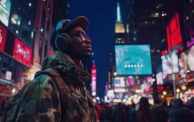 Fototapeta premium A young man wearing headphones walks through a vibrant city at night