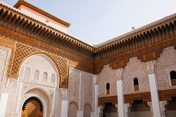 Scenic view of ornate architectural detail in Madrasa Ben Youssef mosque in the Old Town Medina area of Marrakech, west Morocco 