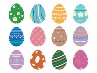 Easter eggs, Easter day festival icon set. Eastern egg icons with decoration patterns symbols collection. Colorful eggs with ornament in flat design. Vector illustration flat oval shape elements.