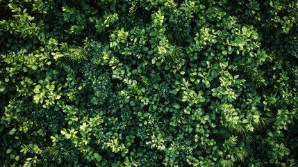 A lush green hedge with various plant species, including ferns and small shrubs, covering a wall or fence in a garden or park setting.