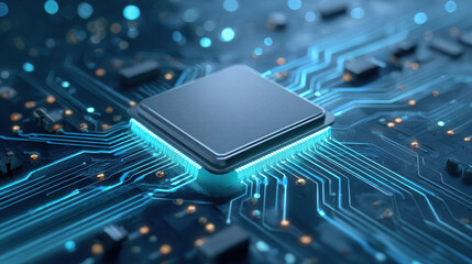 A close-up view of a blue circuit board with a central processing unit (CPU) emitting a glowing light, showcasing advanced technology and connectivity.