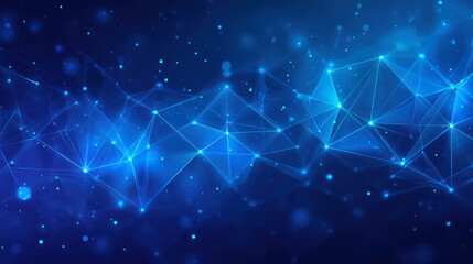 A glowing blue abstract network of interconnected points and lines forming geometric shapes on a dark background.