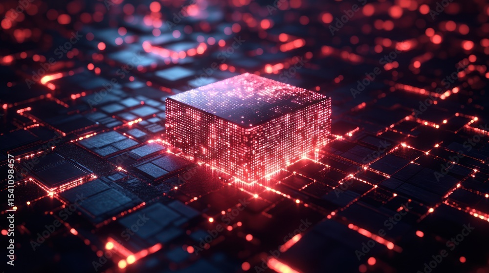 Poster abstract digital cube on circuit board. potential use technology, science, or futuristic background