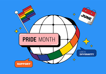 LGBTQ Pride month icon and diversity concept. Rainbow flag wrap around globe
