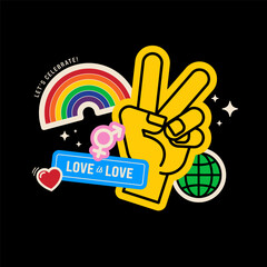 LGBTQ Pride month sticker set and diversity concept. Rainbow flag and hand gesture icon