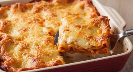 
The entire ceramic baking dish of lasagna, fresh from the oven. The cheese on top is bubbly and golden-brown, with crispy edges. 