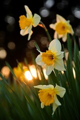 Fototapeta premium Daffodils at sunset golden hour spring flowers