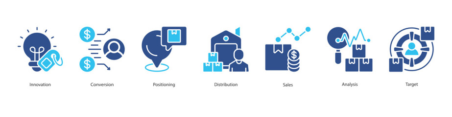 Market Innovation banner web icon set vector illustration concept with icon of innovation, conversion, positioning, distribution, sales, analysis, target