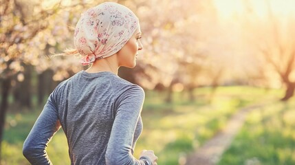 Strong cancer survivor woman jogging in spring park wearing headscarf, surrounded by beautiful cherry blossoms. Resilience, hope and overcoming adversity concept.