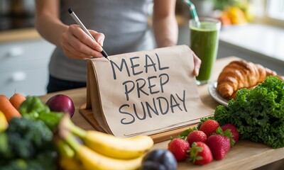 Meal Prep Sunday Composition featuring Hand Writing on Notepad Surrounded by Assorted Fresh Produce with Green Smoothie in Bright Kitchen Ambiance Promoting Healthy Eating and Nutritional Diet Plan