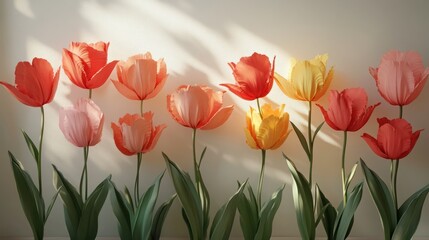Colorful paper tulips in sunlight, home decor, spring