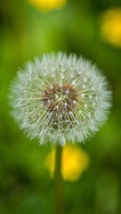 Fototapeta premium Closeup of a dandelion seed head in green field