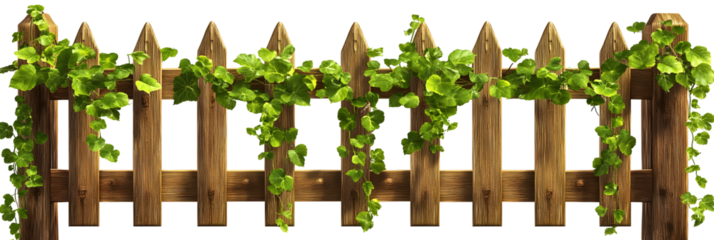 Rustic wooden fence adorned with vibrant green ivy, offering a natural and picturesque view