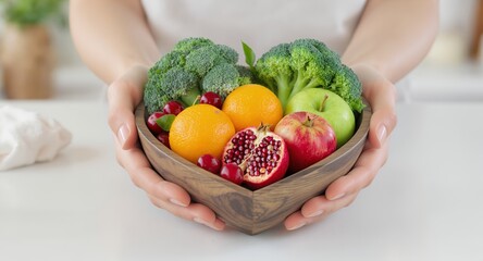 Person Holding Heart Shaped Bowl with Colorful Fruits and Vegetables Arrangement in Bright Kitchen Displaying Broccoli Oranges Cherries Apple and Pomegranate Symbolizing Nutrition Wellness and