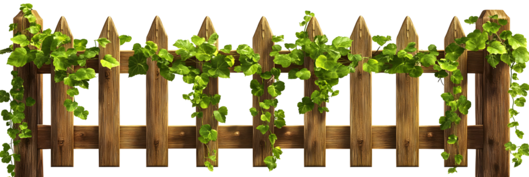 Rustic wooden fence adorned with vibrant green ivy, offering a natural and picturesque view
