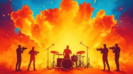 Vibrant drummer silhouette on concert stage explosion. Energetic concert performance with cameras and recording. Explosion, energy, music, dramatic event, colorful show, dynamic entertainment,