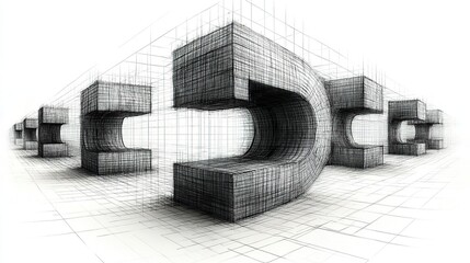 Abstract architectural sketch, multiple interlocking, curved structures in perspective, gridded background