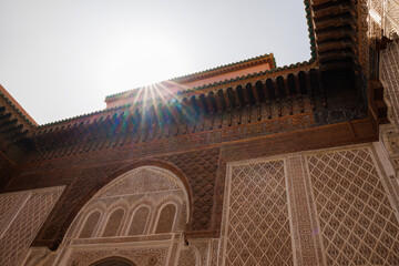 Scenic view of ornate architectural detail in Madrasa Ben Youssef mosque in the Old Town Medina area of Marrakech, west Morocco 