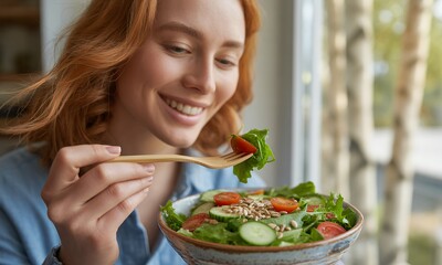 Radiant Redhead Enjoys Fresh Salad with Wooden Fork near Window in Natural Light A Young Woman Relishing a Vibrant Bowl of Greens Tomatoes Cucumbers and Seeds Eating Well Smiling with Healthy Diet