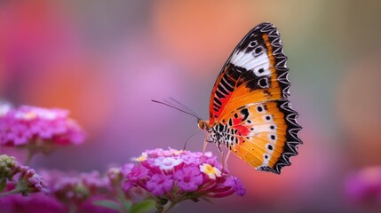 Obraz premium Macro shot of a butterfly on a flower, colorful bokeh blurred background, vibrant colors, high detail, nature photography style.