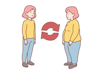 Young smiling fit slim woman and depressed overweight fat woman standing towards each other feeling different. Overweight and getting loose concept. Hand drawn style vector design illustrations.