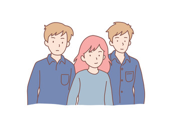 Sad young woman surrounded by people, feeling isolated in society, lack of communication. Upset young girl struggling with loneliness and isolation in crowd. Hand drawn style vector design