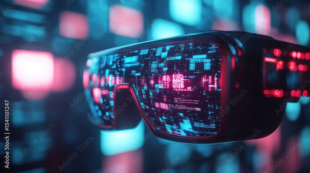 Aufkleber Futuristic VR glasses display digital data; use in tech and gaming; dynamic background