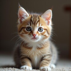 Cute cat on the white floor with adorable eyes and soft fur looking at the camera
