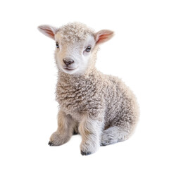 Fototapeta premium Cute baby lamb sitting isolated on transparent background cutout.
