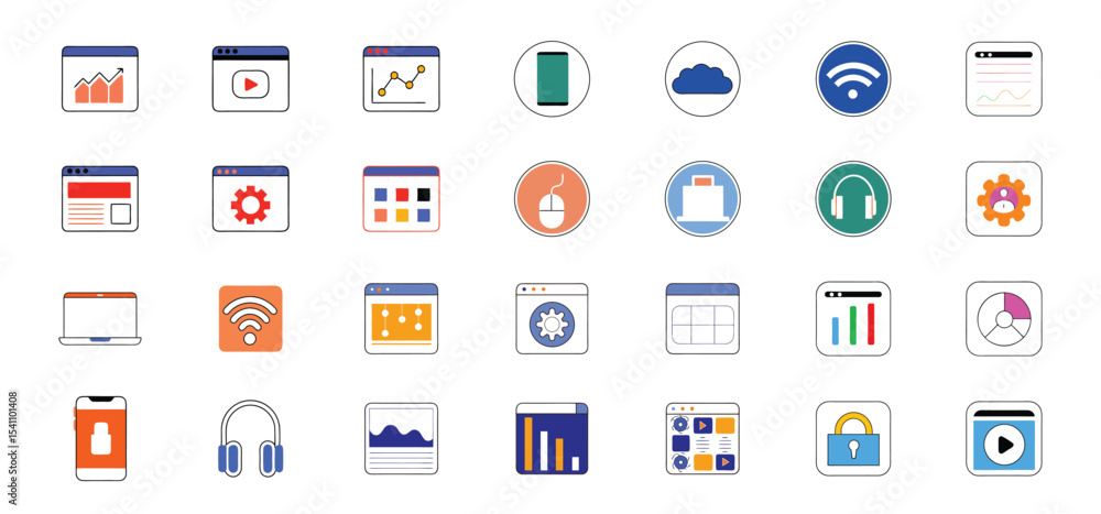 Poster a comprehensive set of modern and colorful flat design icons representing various digital communicat