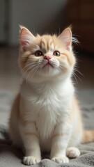 Cute cat on the white floor with adorable eyes and soft fur looking at the camera