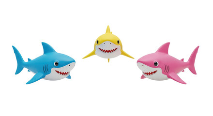 Fototapeta premium Colorful Cartoon Sharks Toy Set Featuring Blue Yellow and Pink Sharks on White Background
