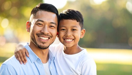 Fototapeta premium Heartwarming moment of a father and son smiling together with copy space available for text or additional content