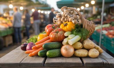 Vibrant Fresh Produce Display at an Outdoor Market Featuring Tomatoes Carrots Cucumbers Potatoes and Assorted Vegetables Placed on Rustic Wooden Table with Soft Background Lighting Creating a Healthy
