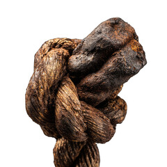 Close-up of a gnarled, dark brown rope knot