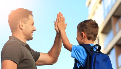 Father and son sharing a joyful high five moment celebrating their bond in a parent-child relationship concept