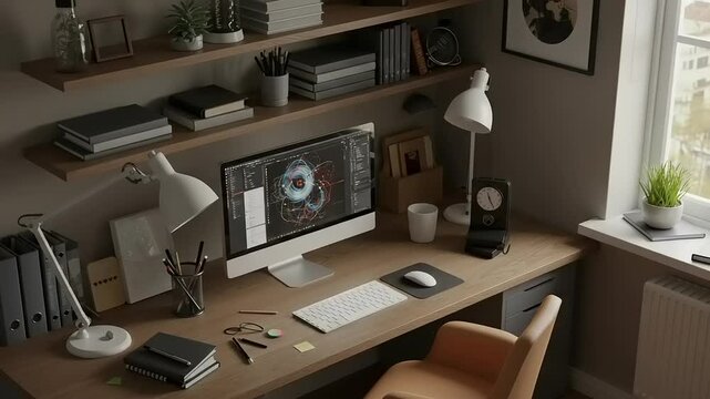 Home office workspace with computer and desk accessories