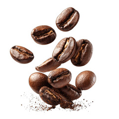 Roasted coffee beans in mid-air, cascading over ground coffee