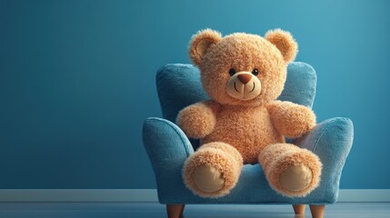 Obraz premium Teddy bear sitting in a blue armchair, children's room, soft lighting, background wall, 3D render, potential use in children's product catalogs