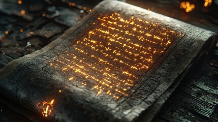 Close-up of an ancient scroll with glowing runes and intricate writing in a medieval fantasy setting. 